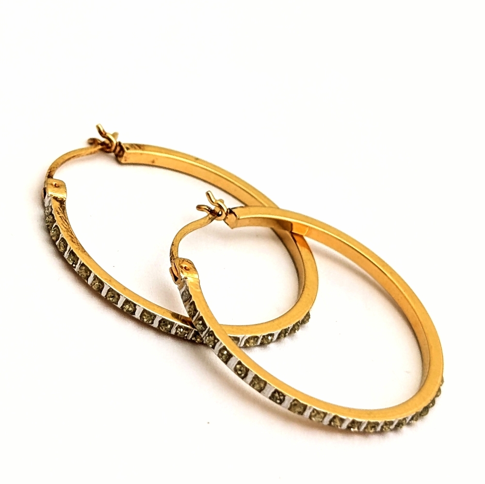 Signed SLC Thin Gold Plated Sterling Silver  Channel Set Rhinestone Hoops